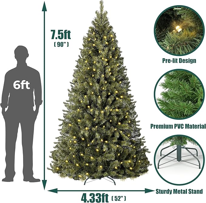 Annecy 7.5ft Pre-Lit Christmas Tree, Green Artificial Full Spruce Christmas Tree for Home, Office, Party Decoration w/ 1200 Branch Tips, 550 Warm White & Multi-Color Lights, Metal Hinges & Base,7.5 ft