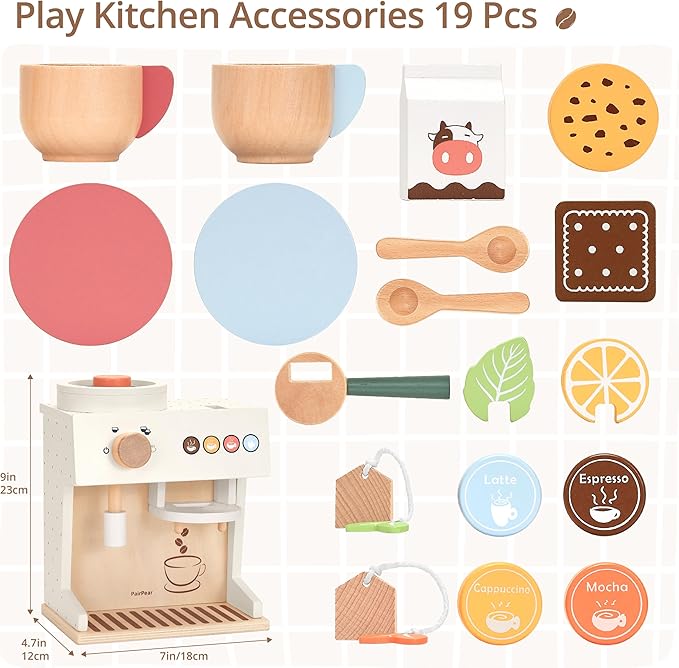 PairPear Wooden Toy Coffee Maker Set for Kids Kitchen, 18 Piece Play Food Coffee Machine Playset, Pretend Play Kitchen Accessories Set for Girls and Boys Ages 3+