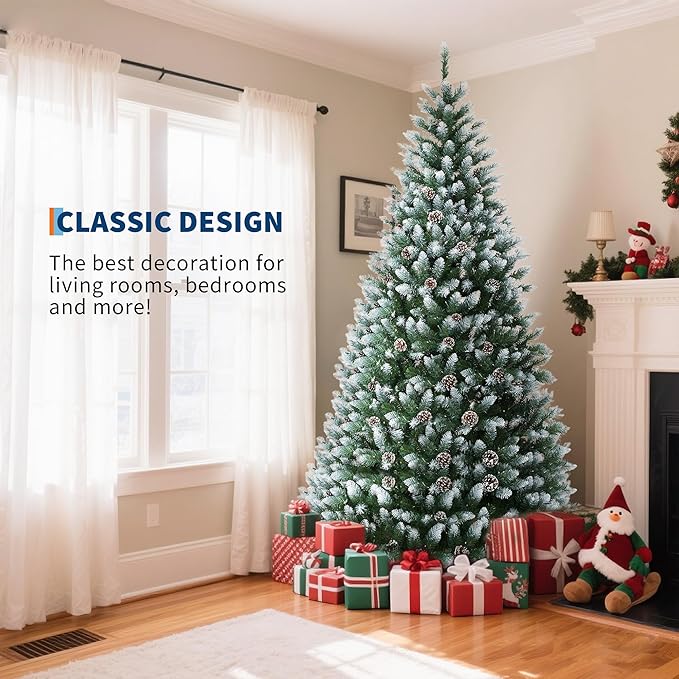 Garvee 9 ft Pre-Decorated Artificial Christmas Tree Prelit, Partially Flocked Design Xmas Tree with 1738 Branch Tips, 900 LED Lights, Pinecones & Metal Stand for Christmas Decorations