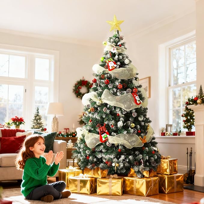 6ft Lighted Green Christmas Tree with Pine Cones and Snow Flocked Branches, 300 Warm White LED Lights, Realistic Artificial Xmas Tree with Metal Stand for Indoor Decoration