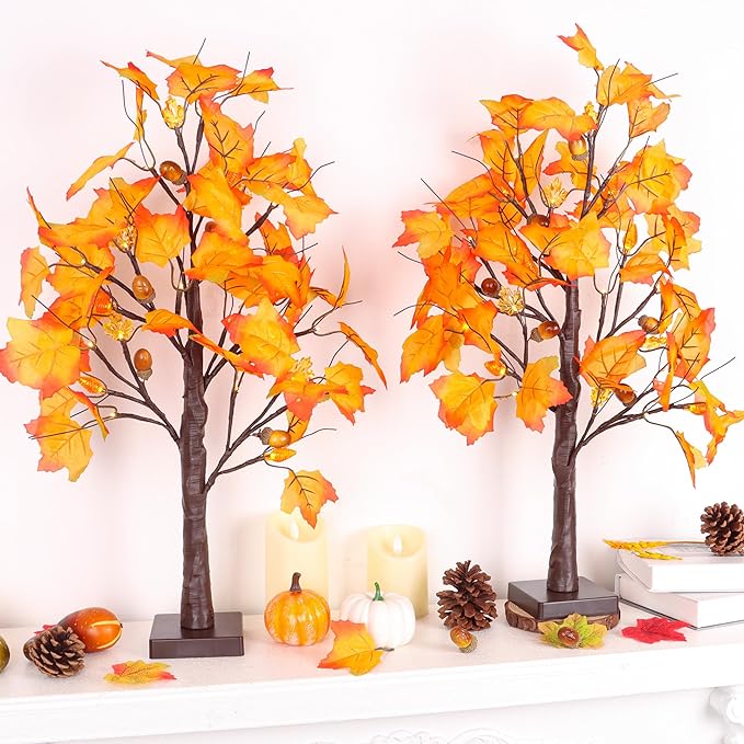 2 Packs 24 Inch Lighted Maple Tree Fall Thanksgiving Decorations with 48 LEDs Timer Battery Operated 3D Acorn Maple Lampshade Artificial Autumn Tree Lights for Thanksgiving Table Decor Home Indoor