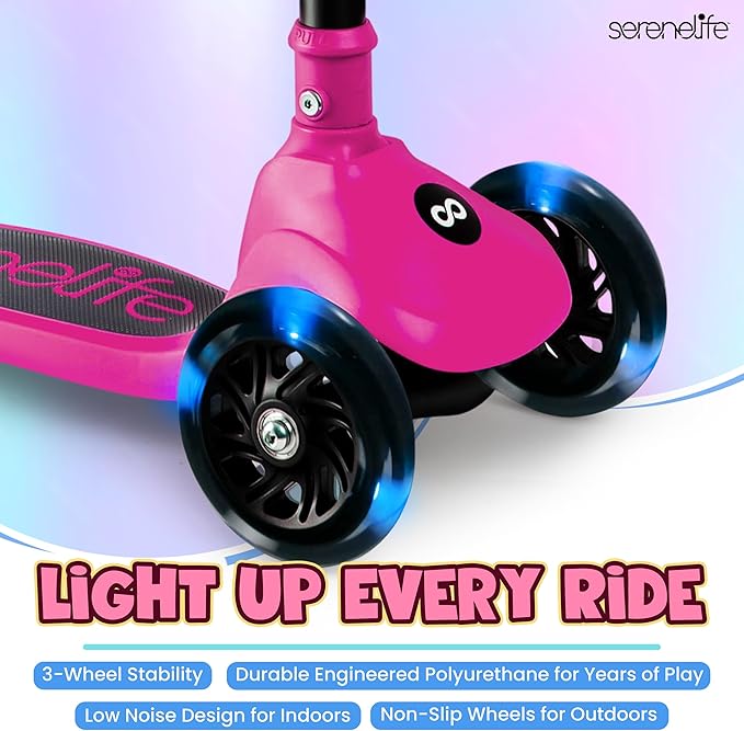 SereneLife 3 Wheel Foldable Kids Scooter - Foldable Seat, LED Wheel Lights, Adjustable Handlebar, Rear Foot Brake, Lean-to-Steer, Anti-Slip Deck, Ideal for Toddlers Kids 3+, up to 110Lbs