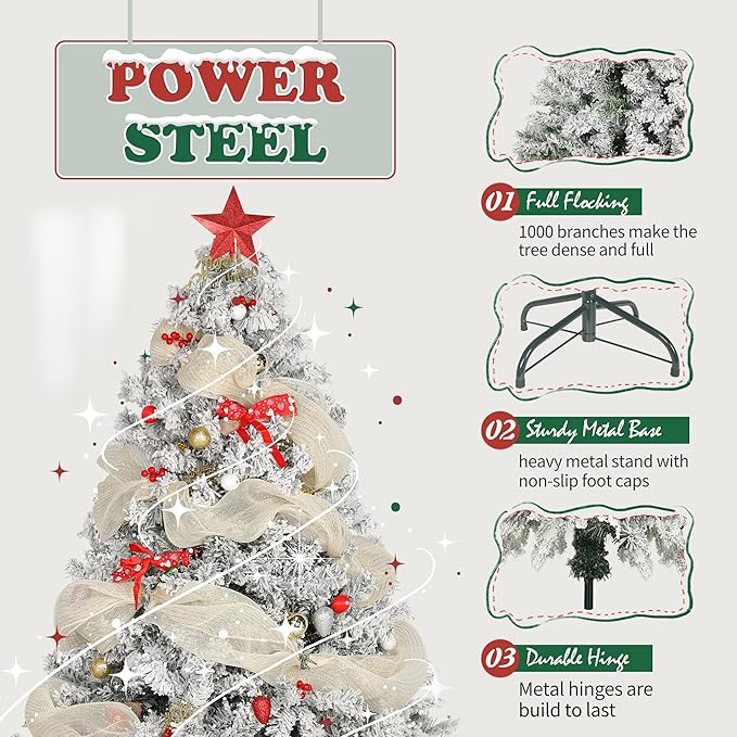 7FT Premium Artificial Christmas Tree, Snow Flocked Hinged Pine Tree with Solid Metal Stand for Outdoor and Indoor Holiday Decor
