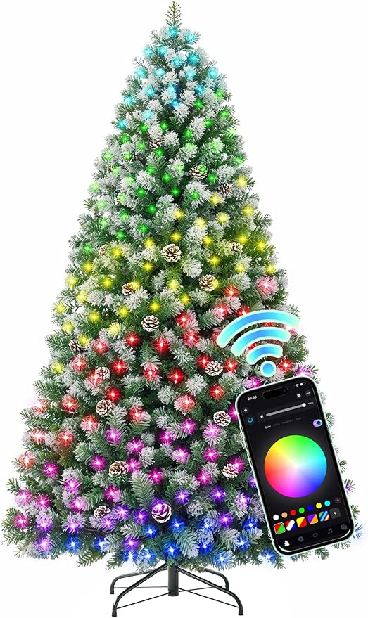 HOLLO STAR 6 ft Prelit Christmas Tree with 250 LED Lights, App Control, Artificial Christmas Tree, Multi-Color RGBW Lights, 914 Flocked Frosted Tips, 58 Pine Cones, Metal Base, for Home, Party