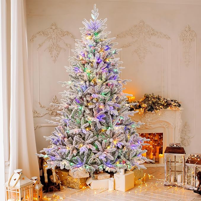 GOFLAME 7ft Pre-Lit Christmas Tree Snow Flocked, Hinged Artificial Xmas Tree with 1164 Branch Tips, 350 Multi-Color LED Lights, 8 Lighting Modes, Holiday Decoration Tree for Home Office Party