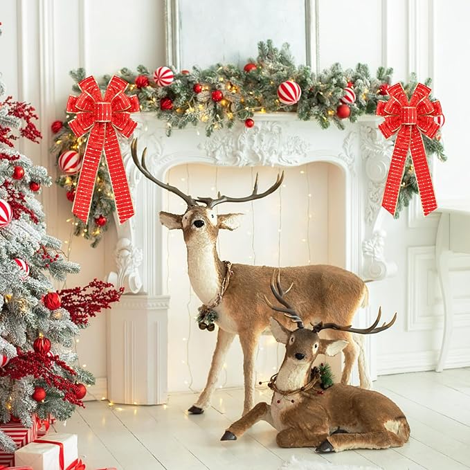 2PCS Red/Gold Velvet Christmas Bows with Gold Shiny Patches - 11"x19.6" Holiday Decor for Tree Topper Wreaths Door Windows Fireplace Fence Porch Gifts Parties Indoor/Outdoor Decorations