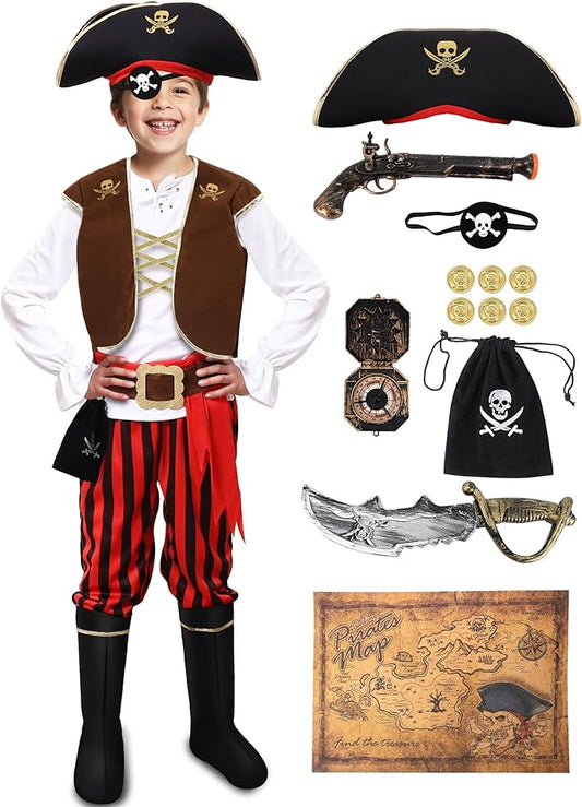 Pirate Costume Set for 3-14 Years Boys, Kids Pirate Costume Set for Toddler Halloween Dressup, Themed Party Red