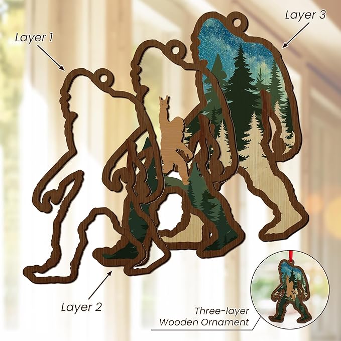 OASSIE Bigfoot Christmas Ornaments Gifts for Men Women - Triple-Layer Wooden Christmas Ornaments 2025 for Tree Decorations - Big Foot Sasquatch Gifts for Friends Family, White Elephant Gift