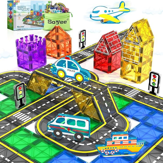 Soyee Magnetic Tiles Road Cars Set Magnetic Building Blocks Boys Toys Ages 3 4 5 6 7 8 Sensory Preschool Construction Toddler Toys Gifts for 3+ Year Old Boys Girls
