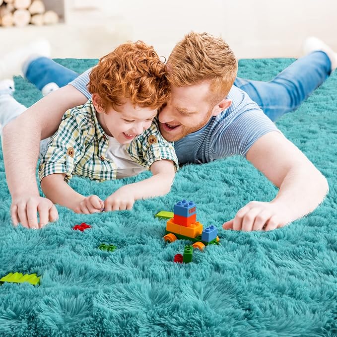 Ompaa Teal Blue 9x12 Area Rugs Large Fluffy Living Room Carpet for Bedroom Dorm, Non-Slip High Pile, Modern Big Shag Rug for Classroom Kids Playroom Nursery Home Office Decor