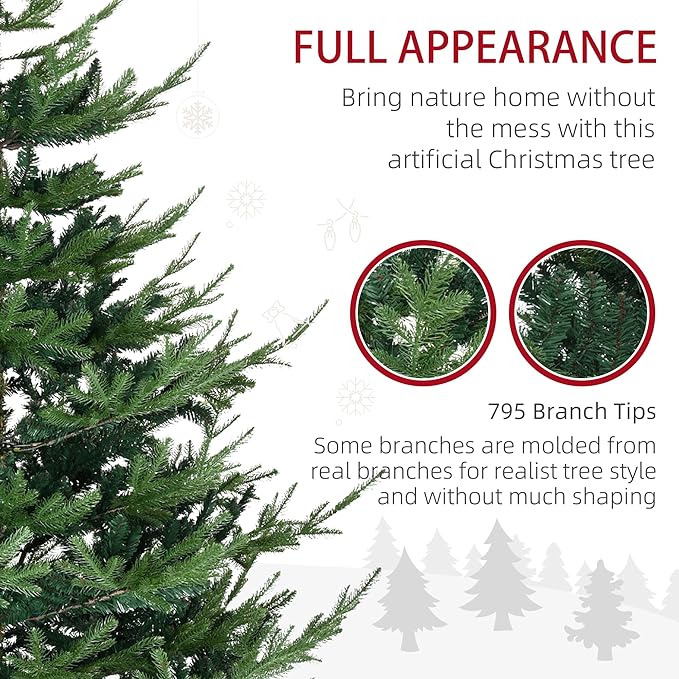 HOMCOM 6 Foot Artificial Christmas Tree, Nordic Pine Hinged Xmas Tree with 795 Realistic Branches, Wide Steel Base, Auto Open, Green