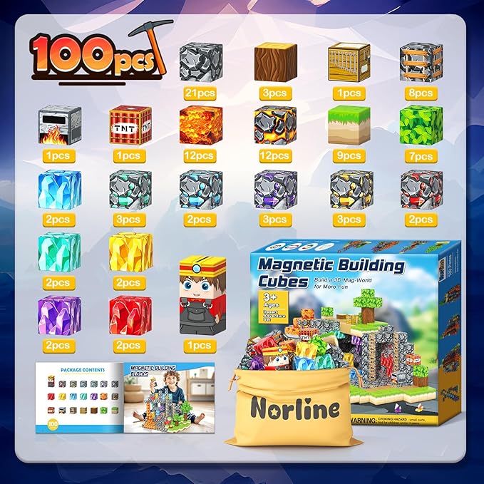 100PCS Magnetic Blocks Building Toys, Gem Cave Adventure Building Craft, Learning Sensory Toys for Boys Girls Age 3-12, Game Gift for Kids Little Gamers