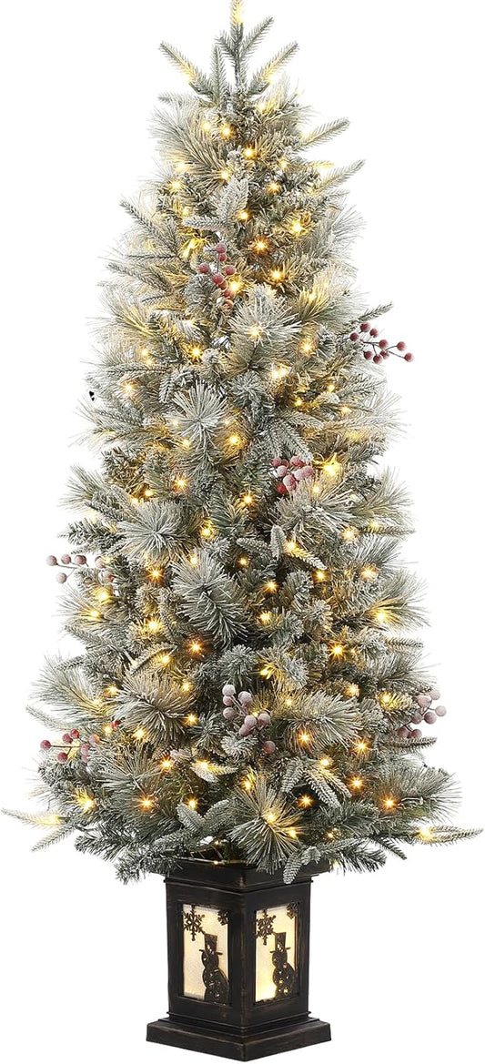 GarveeHome 4.5 ft Pre-Lit Flocked Artificial Christmas Tree with Pine Cones, Artificial Xmas Tree w/ 386 Branch Tips & 200 Lights, Snowman Base for Home, Party Decoration,1 PCS