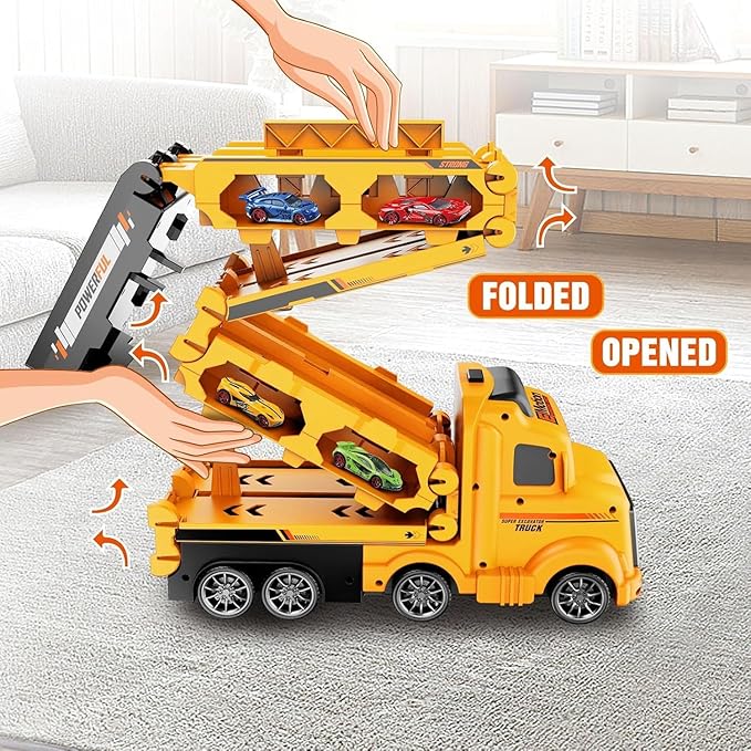 Veslier Toddler Car Truck Toys Gifts for 3 4 5 6 Years Old Boys, Toy Track Set Construction Trucks with 12 Pcs Cast Cars, Transforms into Transport Truck, Gifts for 3 4 5 6 Year Old Boys.