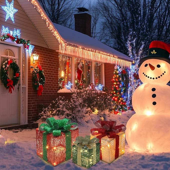 Christmas Light Gift Box Decorations, 3-Piece Set, Pre-Strung Wired Gifts with Bows, Illuminate Christmas Tree Skirt Decorations. Suitable for Indoor and Outdoor Use.