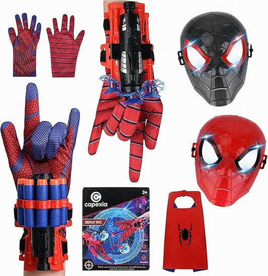 Superhero Web-Slinging Toy Set – 7-in-1 Superhero Set Includes 2 Web Shooters, 2 Hero Masks, 2 Gloves, and 1 Cape – Ideal for Indoor and Outdoor Costume Role-Playing, Imaginative Play for Kids Ages 3+