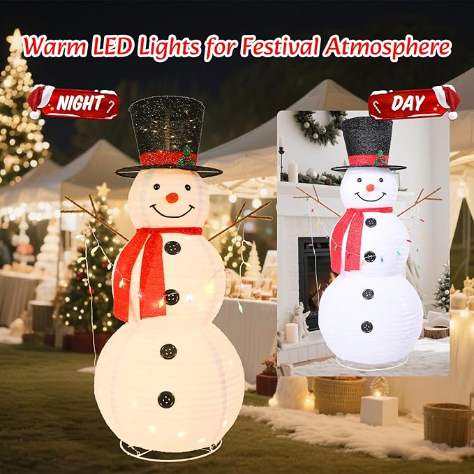 VCUTEKA 5FT Lighted Outdoor Snowman Decoration, Christmas Snowman with Red Scarf and Black Hat Holding Colorful Lights, LED Light-Up Holiday Lawn Yard Garden Décor