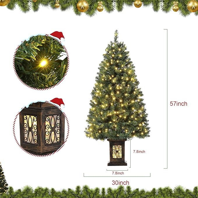 4.5 ft Green Christmas Tree, Pre-Lit Artificial Potted Xmas Tree with 300 Led Lights, 8 Lighting Modes, Antique Urn Base Design, Dense Branch Realistic Home Party Decoration w/Easy Assembly，2 PCS