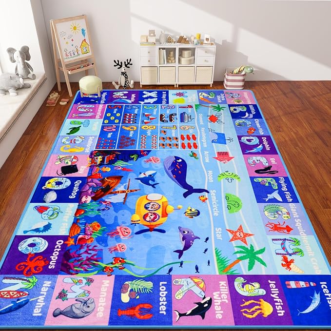 ABC Kids Rug for Playroom 47"×31.5" Ocean Playmat Baby Play Mat Alphabet Mat Sea Animal Number Shape Classroom Rug Kids Playroom Carpet Early Learning Carpet for Preschool Toddlers
