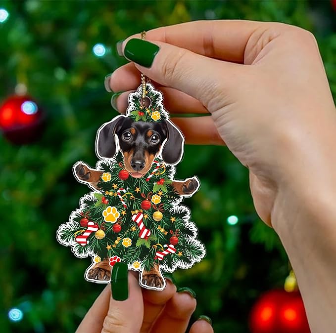 2025 Black Dachshund Christmas Tree Ornament - Festive Holiday Acrylic Hanging Decoration with Adorable Dachshund Dog - Black Wiener Dog Christmas Tree Hanging Ornament
