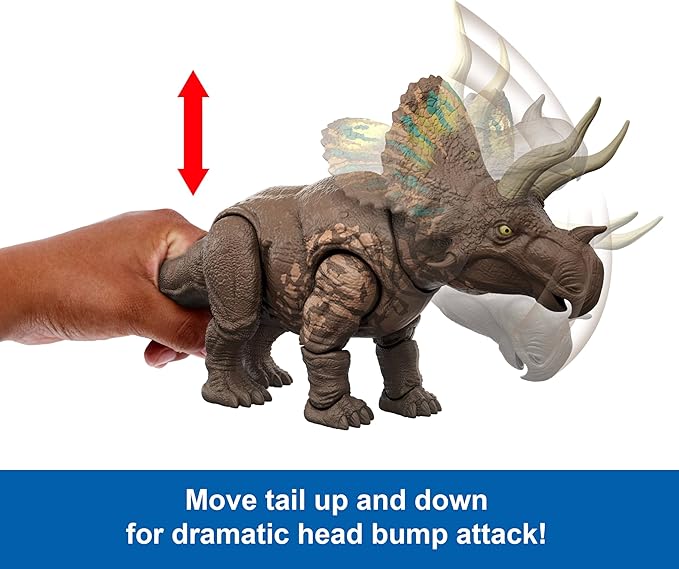 Mattel Jurassic World Rebirth Gigantic Thrashers Eotriceratops Dinosaur Figure Toy, Large Species, 2 Tail Activated Rampage Attacks, Digital Play