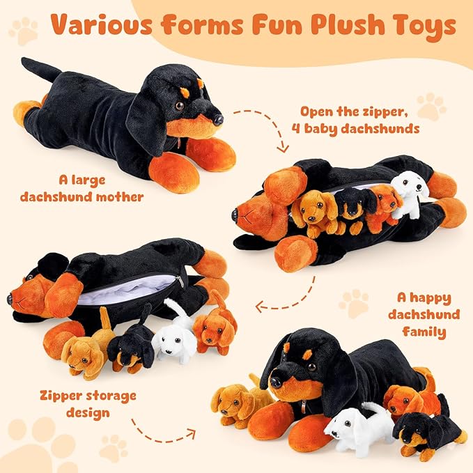 5 Pcs Dachshund Dog Plush Mommy Stuffed Animal with Baby Plush Sausage Dog Soft for Girls Birthday Xmas Bedtime Gift Bed Rest Chair Bolster Nursery Decoration(Lying Dachshund)