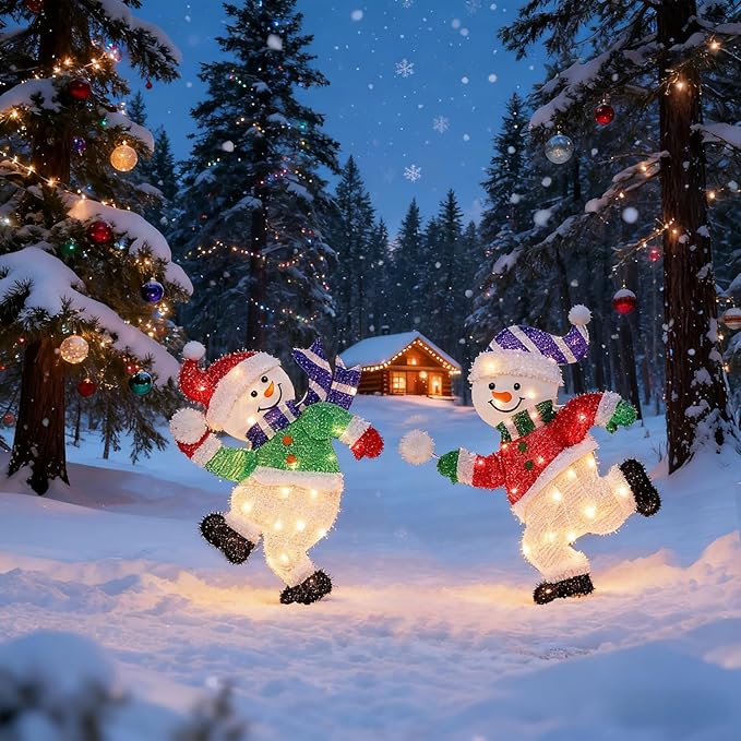 Hausse Set of 2 Lighted Snowmen Christmas Decorations, Pre-Lit 2D Tinsel Cute Snowman Snowball Fight with Lights, Light Up & Plug in for Indoor Outdoor Xmas Winter Holiday Yard Lawn Garden Decor