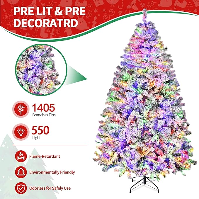 7.5ft Prelit Christmas Tree Snow Flocked Artificial Xmas Tree with 550 Colorful LED Lights, Remote Control, 1405 Branch Tips, Time and 11 Light Modes