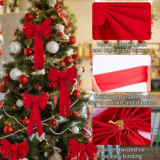 4 Pcs Medium Red Bows Christmas Tree Decor - 21"×9" Velvet Red Bows with Golden Tie, Easy Hanging for Window/Stairs/Porch/Gifts Warp/Party Supplies