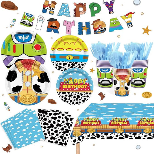 182PCS Toy Theme Party Supplies Cartoon Toy Theme Party Decorations Toy Theme Tableware Set Plates Napkins Cups Banners Tablecloths Forks Knives Holds 20 Guests