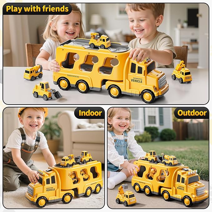 5 in 1 Construction Toys Cars for Toddler Ages 2-4, Transport Vehicle with Sounds and Lights, Excavator Toy for Boys, Christmas Birthday Gifts for Kids 2 3 4 5 6 Years Old