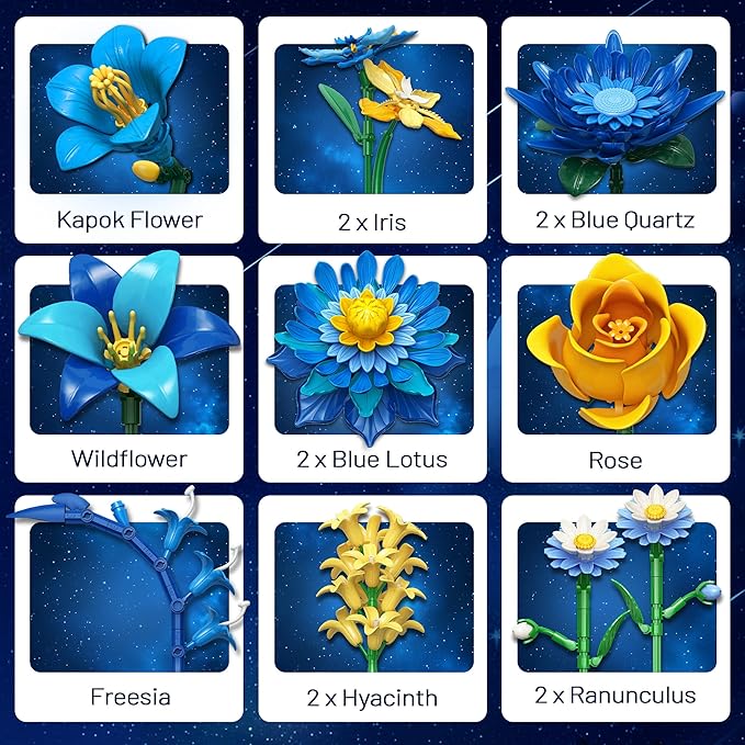 Starry Blooms Flowers Bouquet Building Set for Adults, Artificial Flower Compatible with Lego Botanical Collection, Gift for Christmas Thanksgiving Mother's Valentine's Day, Home Office Decor