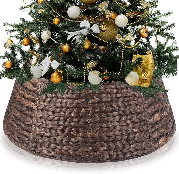 Christmas Tree Collar 27'' D Handmade Hyacinth Tree Collar Basket Rattan Wicker Christmas Woven Tree Ring Stand Base Cover for Christmas Holiday Decoration-Round Brown