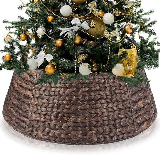 Christmas Tree Collar 27'' D Handmade Hyacinth Tree Collar Basket Rattan Wicker Christmas Woven Tree Ring Stand Base Cover for Christmas Holiday Decoration-Round Brown