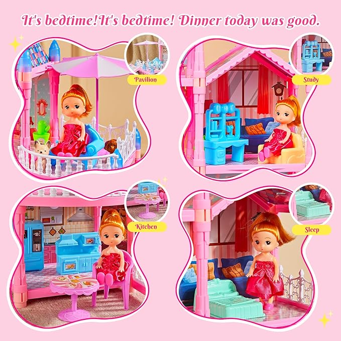 6-Story Doll House Large DIY Playhouse(35 in) for Girls, Little Girl Dream House with Furniture, Little Dog Toy, 2 Princess Figures and Slide, Creative Construction Toy