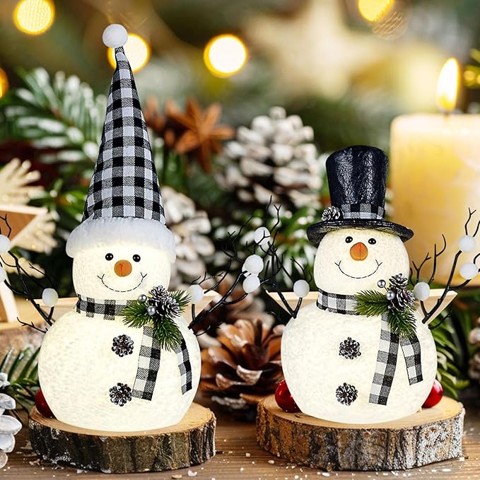 2 Pack Black and White Christmas Decor, 14" Lighted Snowmen Tree Buffalo Check Plaid Farmhouse Decorations, Table Centerpieces Rustic Gifts Tiered Tray Decor with for Christmas Party
