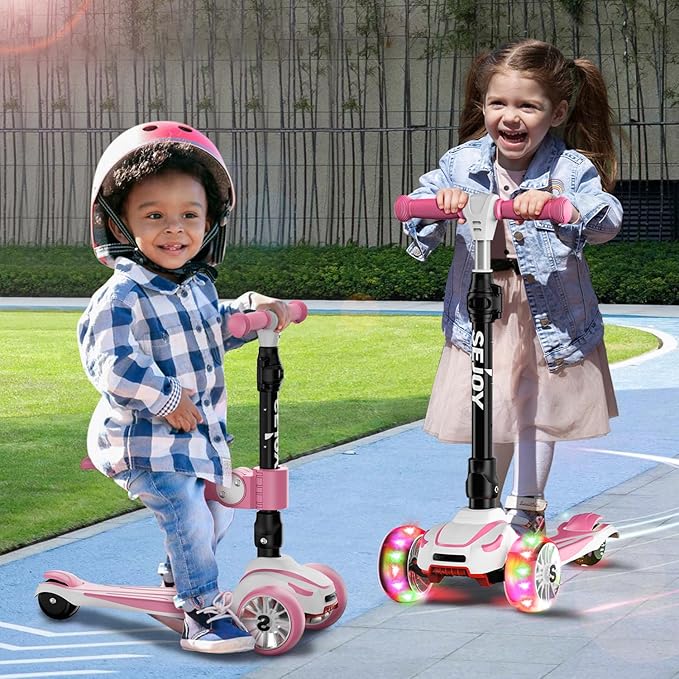 Sejoy Toddler Kick Scooter for Kids with 3 Wheels Extra-Wide Childrens Foldable Toy Scooter with Adjustable Height/Handlebars & Folding Seat for Kids Ages 3+