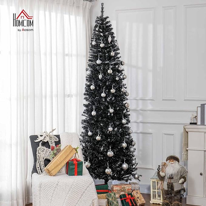 HOMCOM 8ft Pencil Christmas Tree, Unlit Artificial Christmas Tree Slim Douglas Fir Xmas Tree with Realistic Branches, Halloween Tree with 1168 Tips, Black