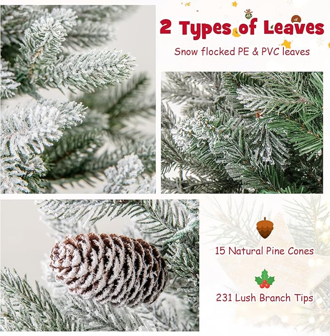 Goplus 4 FT Pre-lit Entrance Christmas Tree, 2 Pack Artificial Snow Flocked Xmas Tree with 231 Branch Tips, 100 LED Lights, 15 Pine Cones & Vintage Base, for Home Office Decor