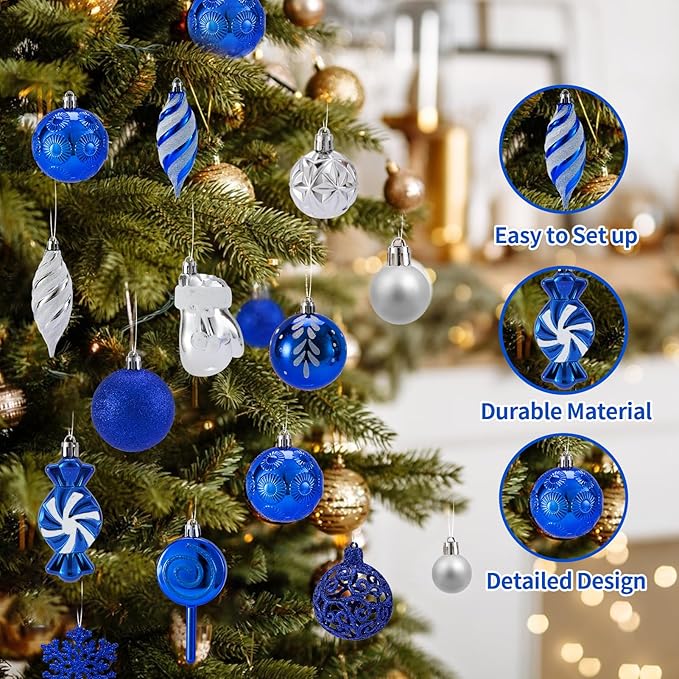 Shatterproof Christmas Ball Ornaments Set, 130 Pack Christmas Tree Decorations, Assorted Hanging Christmas Balls Bulk for Holiday Indoor Outdoor Xmas Party Decor (130 Blue)