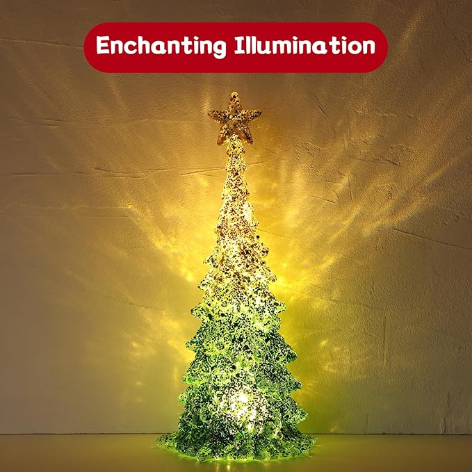 11 Inch Tabletop Christmas Tree with Sparkling Glitter - Battery Operated Acrylic Lighted Christmas Tree for Home Office Fireplace Christmas Holiday Decoration Festive Decor Gift, White Glow