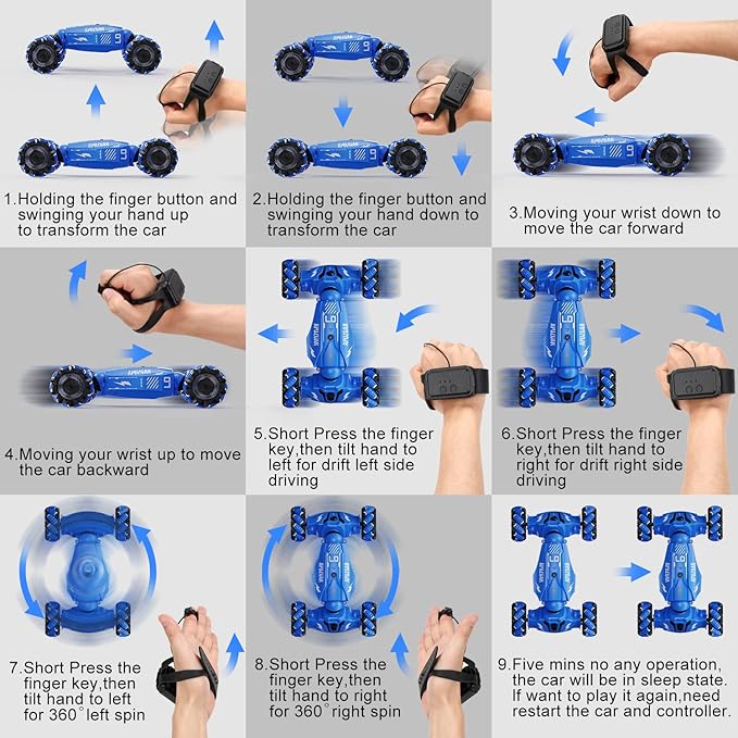 Upgraded Hand Gesture Sensing RC Stunt Car with Lights Music, Spray Drift RC Car 360 Spins All Terrains Hand Controlled Toy for 6-10 Year Old Boys