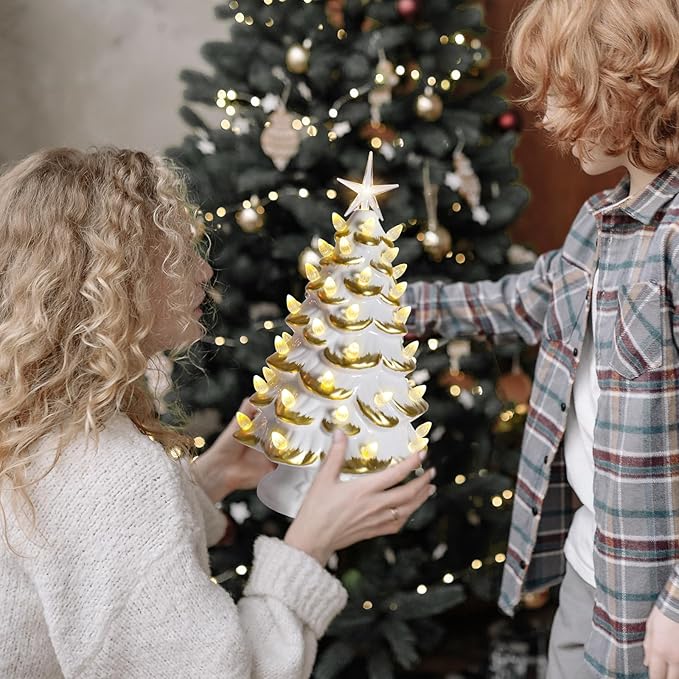 Small Ceramic Christmas Tree Hand-Painted Vintage Tabletop Christmas Tree White Golden Holiday Decoration with Multi-Color Lights 11 inch