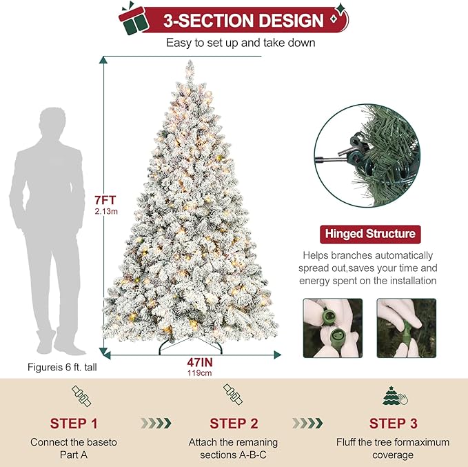 Flocked Pre-lit Christmas Tree 7ft, Premium Christmas Tree with Lights - White Flocked Prelit Trees- Artificial Xmas Trees