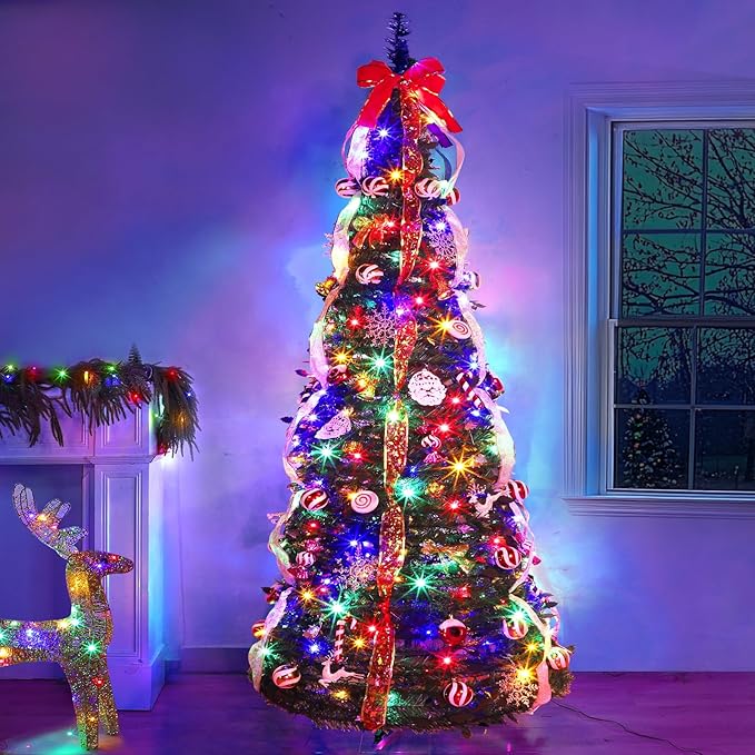 6.5 FT Prelit Pop Up Christmas Tree with 220 Warm White & Multicolor Lights 8 Modes & Timer Fully Decorated 103 Ornaments, Collapsible Pull Up Christmas Tree with Lights for Indoor Home Party Decor