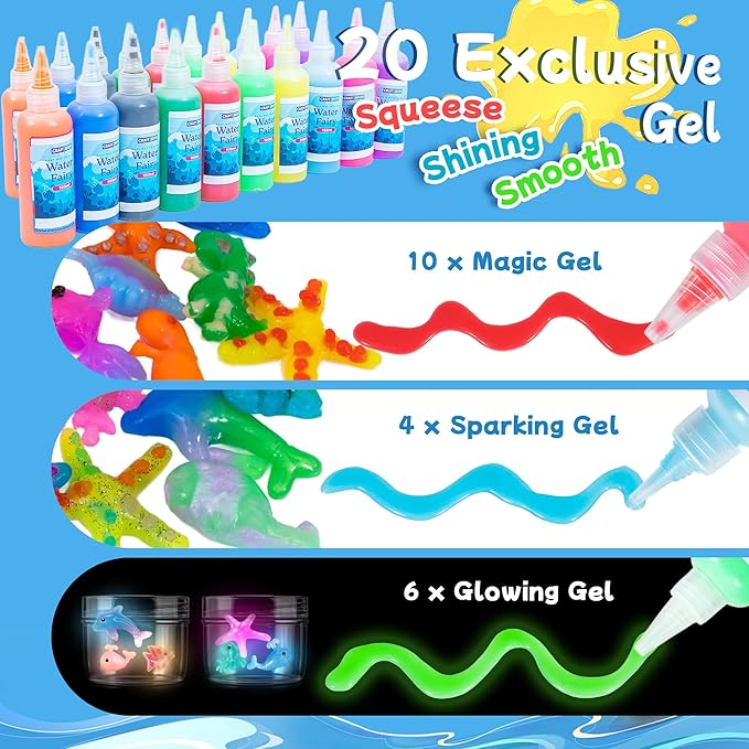 Make 200+ Water Animal, Magic Glow-in-The-Dark Gel Fairy Toy Kit, Aqua DIY Water Squishy kit with 18 Shape Molds,100ml Gels,10 Magic Powder,Birthday Gift, Arts Crafts STEM Kit for Kids