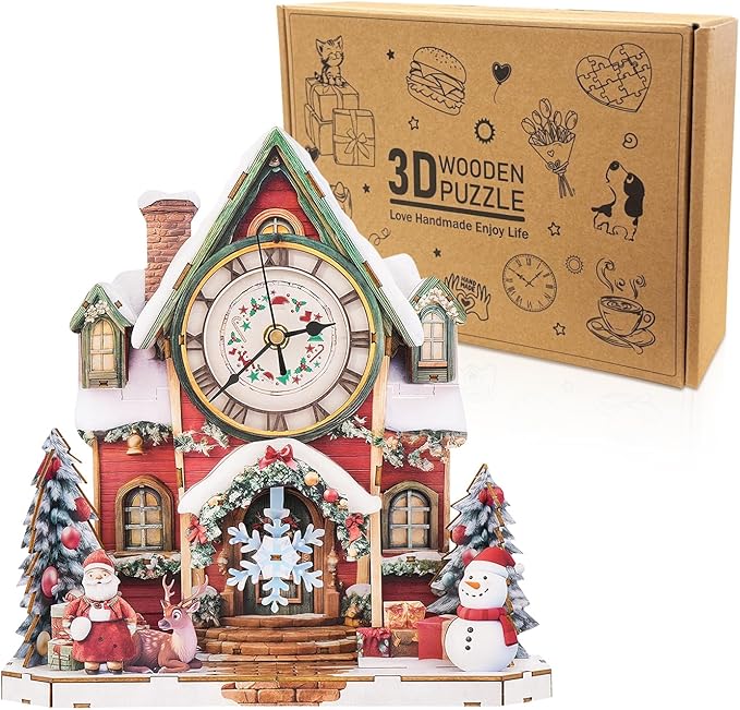 3D Puzzles for Adults Clock-Christmas House Design Model Kit-Mechanical DIY Pendulum Clock with Roman Numerals-Desk Home Office Decor Personalized Gift for DIY Lovers