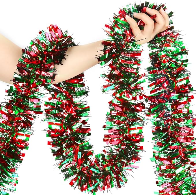50ft Metallic Tinsel Garland - Christmas Tree Hanging Decorations (Red, Green, Black)
