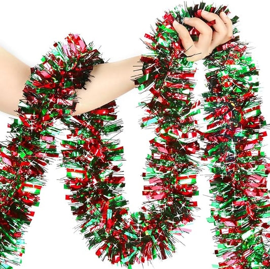 50ft Metallic Tinsel Garland - Christmas Tree Hanging Decorations (Red, Green, Black)