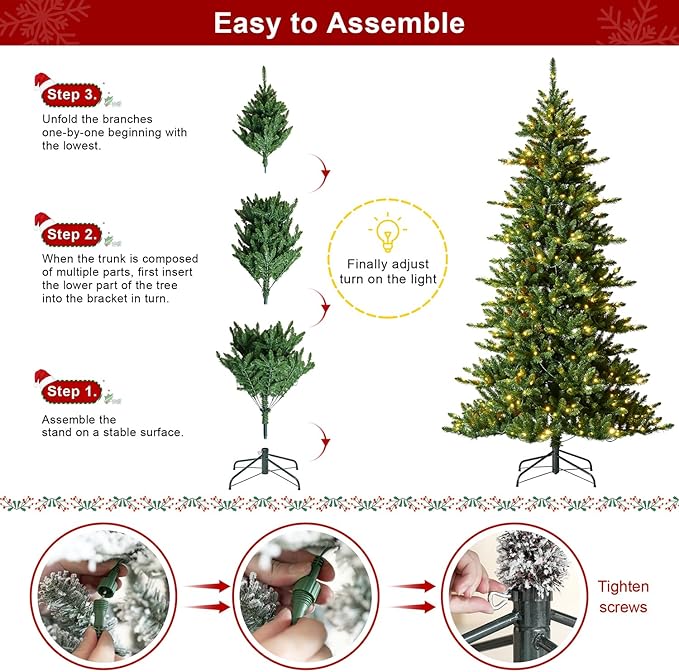 Glitzhome 7.5ft Prelit Christmas Tree, Artificial Christmas Tree Emerald Elegance Slim Green Fir Tree with 400 LED Lights, 1336 Branch Tips, 9 Functional Warm White/Multi-Color, Remote Controller